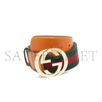 GUCCI TAN LEATHER AND WEB CANVAS INTERLOCKING G BUCKLE BELT 95 CM 